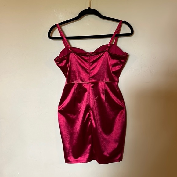 Red satin mini dress corset front ties padded bra adjustable straps ruched Sz S - Picture 11 of 14